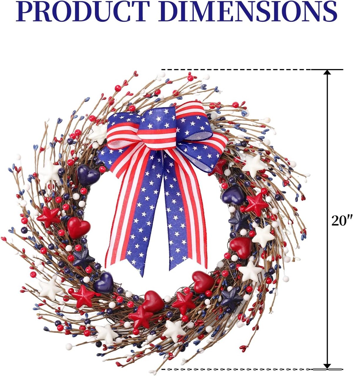 22 Inch 4th of July Patriotic Wreath, Red White Blue Berry Grapevine Front Door Wreath with Hanging Loop for Independence Day & Memorial Day Decorations